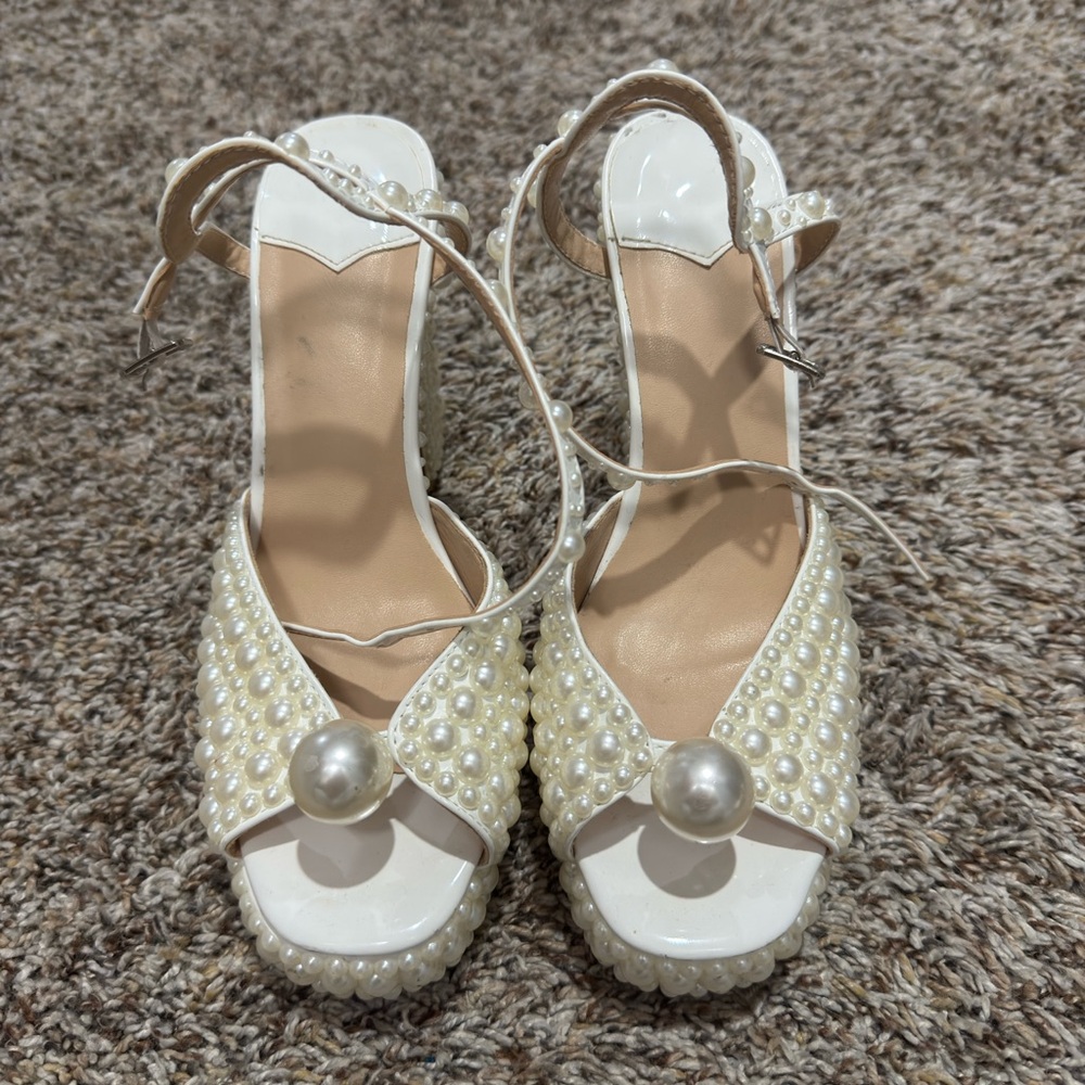 White Slingback Heels with Pearl Embellishment